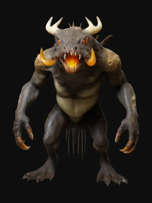 3D model for Grotesque, gothic horror chimera. Hulking toad-like body with thick, leathery skin covered in sharp, protruding bone plates. Head of a fanged warthog, snarling, with glowing amber eyes. A second, smaller head of a raven growing from its shoulder, its beak whispering curses. Short, muscular arms ending in clawed mole-like hands. Back covered in spiky barnacle-like growths. Dripping black ichor from its mouth. Elden Ring-inspired gothic creature design, dark and ominous