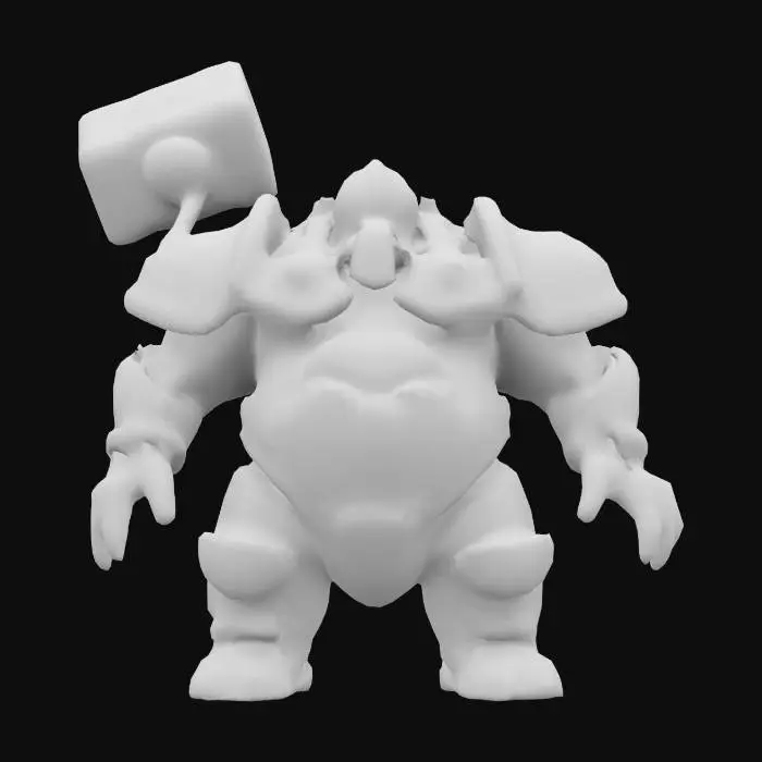 3D model for A hulking humanoid made of blackened steel and red-hot molten cracks. His body resembles an ancient forge, with steam vents on his shoulders and solid textures like hammered metal. He wields a massive hammer resting on his shoulder, and his glowing eyes peer through a heavy, steel helmet. Designed like a boss in a fantasy RPG, gritty and intimidating