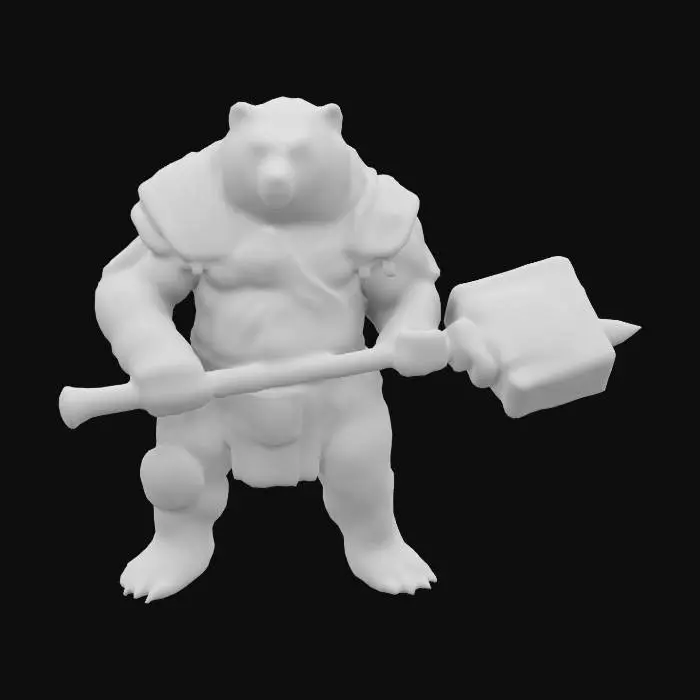 3D model for Humanoid brown warrior bear chieftain standing upright. Wearing battle armor and a very large warhammer. Has tribal face paint and body paint. Narnia style. Realistic