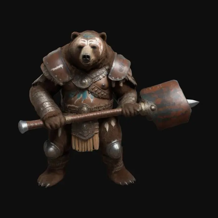 3D model for Humanoid brown warrior bear chieftain standing upright. Wearing battle armor and a very large warhammer. Has tribal face paint and body paint. Narnia style. Realistic