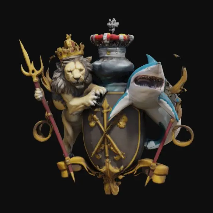 3D model for #emblem#, a coat of arms with a lion and a shark both wearing crowns, there is 2 tridents crossed behind them. high quality, game asset.