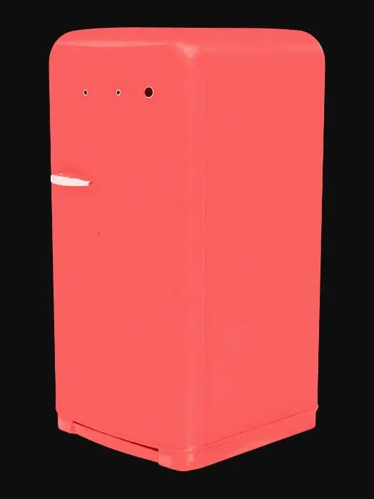 3D model for Red retro refrigerator, 1950s style, rounded corners, glossy enamel metal body, single door, chrome handle, vintage kitchen appliance, smooth surfaces, high detail, realistic proportions, product design, centered, no background