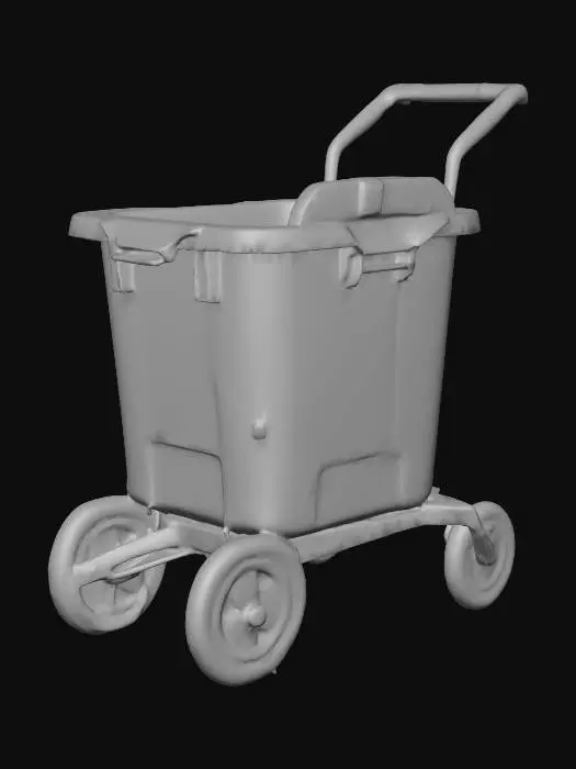 3D model for A stylized janitor mop cart with a simple yellow plastic body. A rectangular main bucket with soft rounded edges, matte yellow surface, and a slightly recessed top opening. Attach a chunky wringer section on one side—thick, simplified, no thin parts. Add two large rear wheels and two smaller front caster wheels, all smooth and minimal. Include a simple metal or gray handlebar with soft bevels. No dirt, no labels, no realistic textures. Clean, low-detail silhouette with neutral studio lighting.