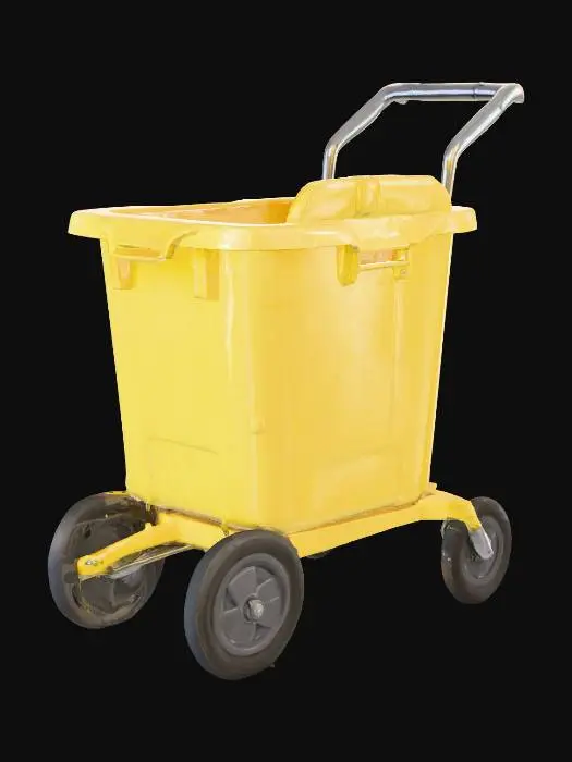 3D model for A stylized janitor mop cart with a simple yellow plastic body. A rectangular main bucket with soft rounded edges, matte yellow surface, and a slightly recessed top opening. Attach a chunky wringer section on one side—thick, simplified, no thin parts. Add two large rear wheels and two smaller front caster wheels, all smooth and minimal. Include a simple metal or gray handlebar with soft bevels. No dirt, no labels, no realistic textures. Clean, low-detail silhouette with neutral studio lighting.