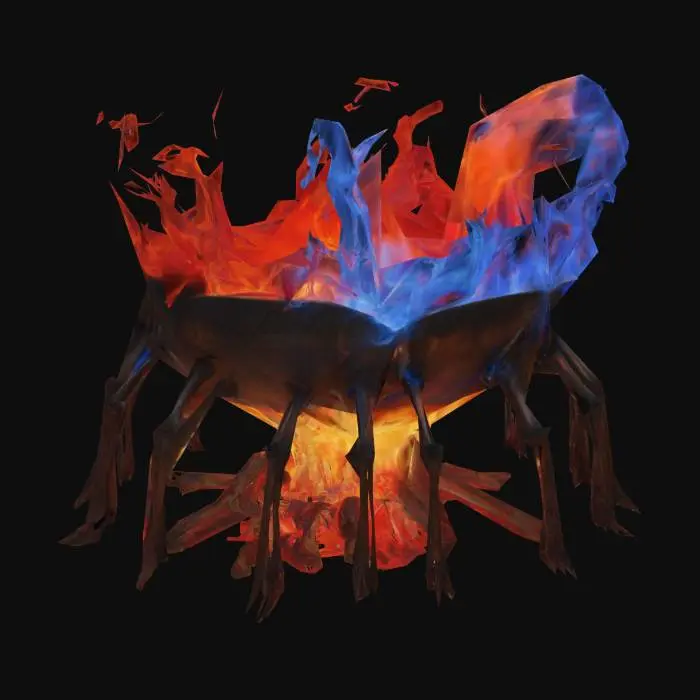 3D model for 지옥의 불타는 화로. 영원히 꺼지지 않을 듯한 불꽃. 연료가 무엇인지는 비밀. 둥근 반원형의 보올 안에 8개의 다리가 받치고 있다. 시뻘건 불꽃과 파란 불꽃이 공존한다.