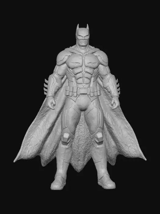 3D model for A full-body 3D render of Batman from the Arkham games, standing in a neutral A-pose. His arms are slightly out from his sides, and his legs are shoulder-width apart. The background is a clean, dark grey studio, allowing his black and grey armored suit to stand out. Focus on the intricate details of his suit, the utility belt, and the flowing cape. Rendered in a realistic 3D game engine style, high resolution, sharp studio lighting