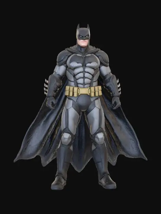 3D model for A full-body 3D render of Batman from the Arkham games, standing in a neutral A-pose. His arms are slightly out from his sides, and his legs are shoulder-width apart. The background is a clean, dark grey studio, allowing his black and grey armored suit to stand out. Focus on the intricate details of his suit, the utility belt, and the flowing cape. Rendered in a realistic 3D game engine style, high resolution, sharp studio lighting
