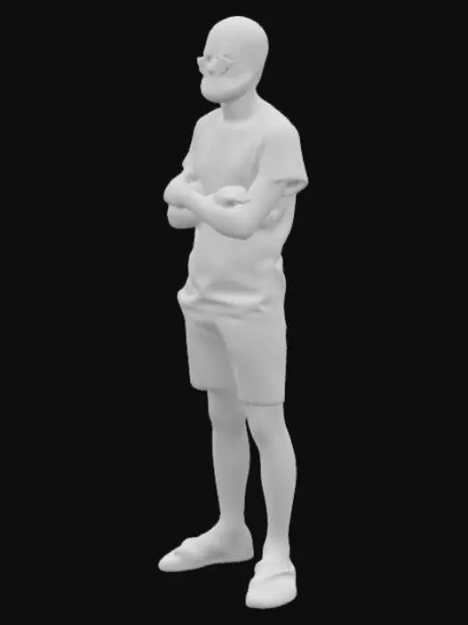 3D model for a white thin man with short dark beard , almost bald, wearing a grey t-shirt, black shorts, black sandals, geek nerdy glasses. Full body, Highly Detailed, Pixar style