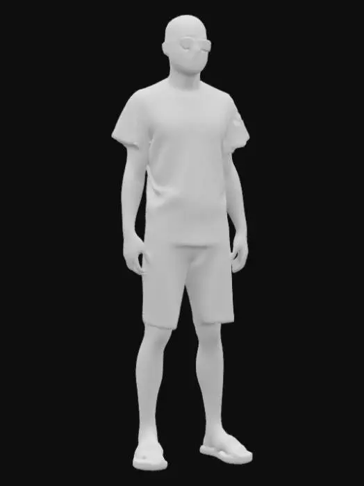 3D model for a white young thin man, smiling,  with short dark beard but no mustache , almost bald, wearing a grey t-shirt, black shorts, black sandals, geek nerdy glasses. Full body, Highly Detailed, Pixar style, A pose, 