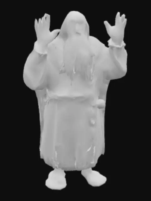 3D model for A old man with long gray beard and long hair, he wears a mantle made of rough cloth a leather thin belt and a long brown cape. Pose intense, looking up, shouting, with both hands lifted to the sky . Flat low-res textures, only diffuse shading. Harsh light from top left. In PlayStation 1 graphics style.