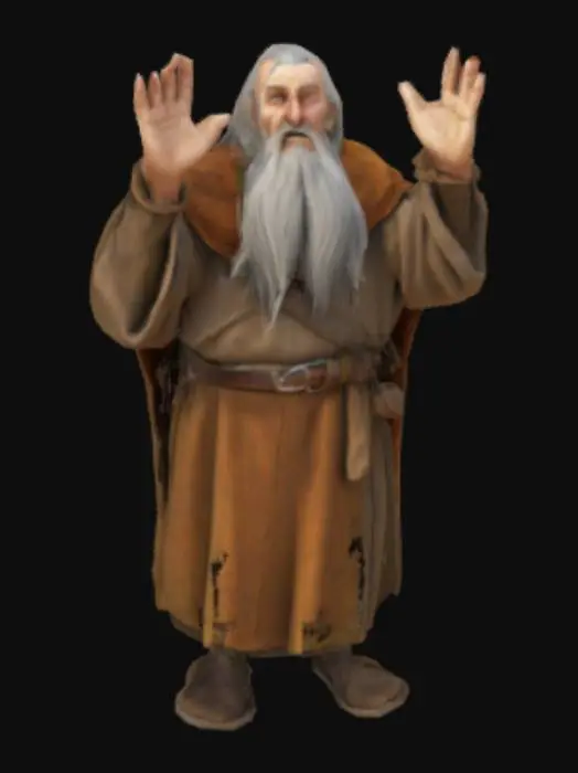 3D model for A old man with long gray beard and long hair, he wears a mantle made of rough cloth a leather thin belt and a long brown cape. Pose intense, looking up, shouting, with both hands lifted to the sky . Flat low-res textures, only diffuse shading. Harsh light from top left. In PlayStation 1 graphics style.