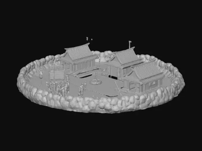 3D model for A temporary settlement built by exiled warlords from Gojoseon, circa 1st century BCE to 1st century CE. The camp is hastily constructed with wooden palisades, rough earthen ramparts, and primitive thatched pit-houses scattered around. Crude wooden barracks and tents are clustered inside, with weapons, shields, and banners leaning against walls. Smoke rises from campfires and makeshift hearths. The atmosphere is tense and nomadic, blending a sense of military refuge and desperate survival, set in an ancient Korean landscape with authenticity.
