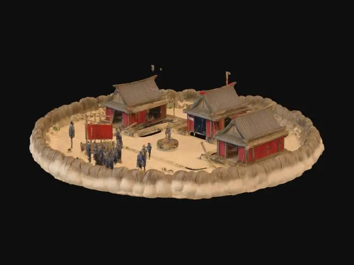 3D model for A temporary settlement built by exiled warlords from Gojoseon, circa 1st century BCE to 1st century CE. The camp is hastily constructed with wooden palisades, rough earthen ramparts, and primitive thatched pit-houses scattered around. Crude wooden barracks and tents are clustered inside, with weapons, shields, and banners leaning against walls. Smoke rises from campfires and makeshift hearths. The atmosphere is tense and nomadic, blending a sense of military refuge and desperate survival, set in an ancient Korean landscape with authenticity.