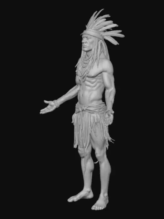 3D model for A tall and fearsome man from a mysterious tribe living on an island off the eastern coast of Proto–Three Kingdoms Korea. (Tall People), these islanders appear monstrous to mainlanders but are actually a fierce, seafaring human tribe. He is over two meters tall, with broad shoulders and weathered skin tanned by salt and wind. His face is sharp and intense, with wild hair tied back and eyes reflecting both hunger and caution. He wears primitive coastal clothing made of woven reeds, leather, and fish skin, decorated with shells and bone ornaments. His nails are long and dirty, his teeth slightly uneven — exaggerations of which might have inspired legends of “hooked claws and saw-like teeth.” environment suggests a rocky island coast with sea mist and driftwood.