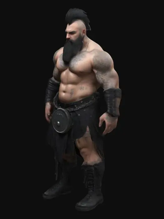 3D model for Ultra Realistic, Organic, Full Body, extremely muscular, extremely large, 9 feet tall, ripped abs, black chest hair, nipple piercings, eyebrow piercing, mohawk, wearing a black kilt, no shirt, Fantasy, Highly Detailed, beard