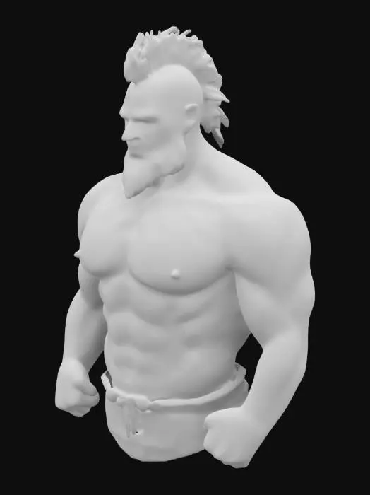 3D model for Ultra Realistic, Organic, Full Body, extremely muscular, extremely large, 9 feet tall, ripped abs, black chest hair, nipple piercings, eyebrow piercing, mohawk, wearing a black kilt, no shirt, Fantasy, Highly Detailed, beard