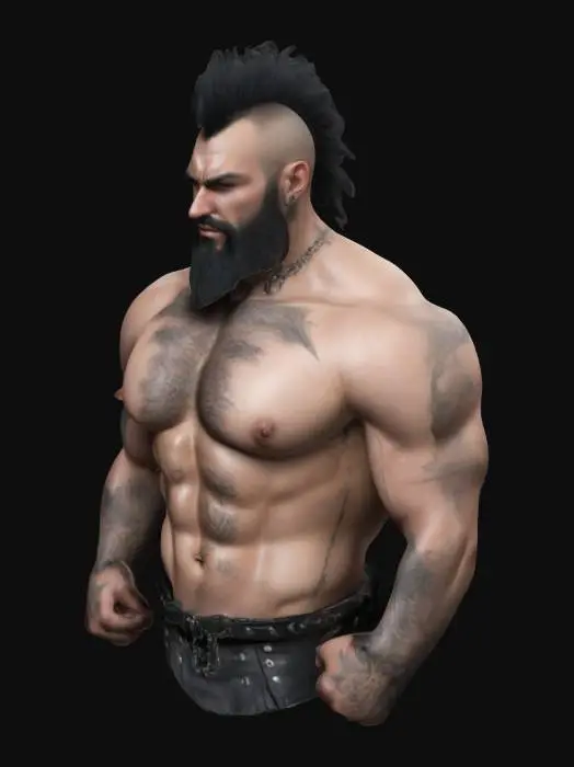 3D model for Ultra Realistic, Organic, Full Body, extremely muscular, extremely large, 9 feet tall, ripped abs, black chest hair, nipple piercings, eyebrow piercing, mohawk, wearing a black kilt, no shirt, Fantasy, Highly Detailed, beard