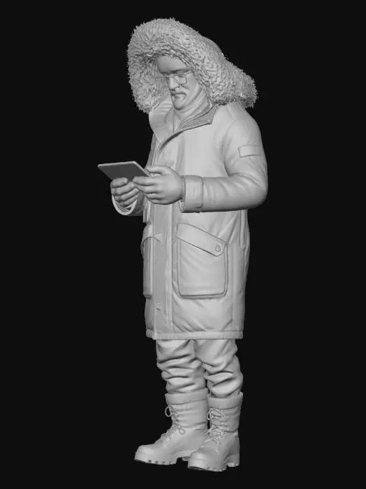 3D model for A man wearing heavy winter clothing, focused on operating a digital tablet.