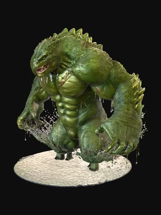 3D model for A massive, reptilian humanoid emerges from the dark waters of Gotham’s sewers. Killer Croc towers with a hulking, muscular build, his scaly green skin wet and glistening, scars etched across his body. Yellow, predatory eyes glow in the dim, flickering sewer lamps. Water pours off his shoulders and claws as he rises from the waist-deep current. The air is thick with rot and damp concrete, the tunnel echoing with dripping water and a low, feral growl. He looks both man and monster, an unstoppable apex predator lurking beneath the city.