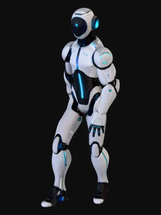 3D model for Futuristic humanoid robot with sleek chrome and matte graphite panels. Color scheme: metallic silver, cobalt blue, neon cyan. Features chrome-plated wordmark “PROMPT ENGINE” across chest. Idle animations: soft joint rotations, pulsing blue LEDs. Accessories: floating holographic prompt cards (live-edit, preview, history, export), interactive node graph with draggable nodes and sliders, smart sampler (A/B compare, score meter, quick-apply), optimizer panel (sweeps, batch queue, loss curves), template carousel (tag filters, previews), 3D feedback globe (heatmaps, analytics).