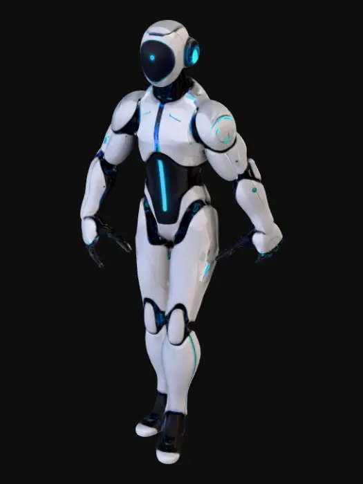 3D model for Futuristic humanoid robot with sleek chrome and matte graphite panels. Color scheme: metallic silver, cobalt blue, neon cyan. Features chrome-plated wordmark “PROMPT ENGINE” across chest. Idle animations: soft joint rotations, pulsing blue LEDs. Accessories: floating holographic prompt cards (live-edit, preview, history, export), interactive node graph with draggable nodes and sliders, smart sampler (A/B compare, score meter, quick-apply), optimizer panel (sweeps, batch queue, loss curves), template carousel (tag filters, previews), 3D feedback globe (heatmaps, analytics).