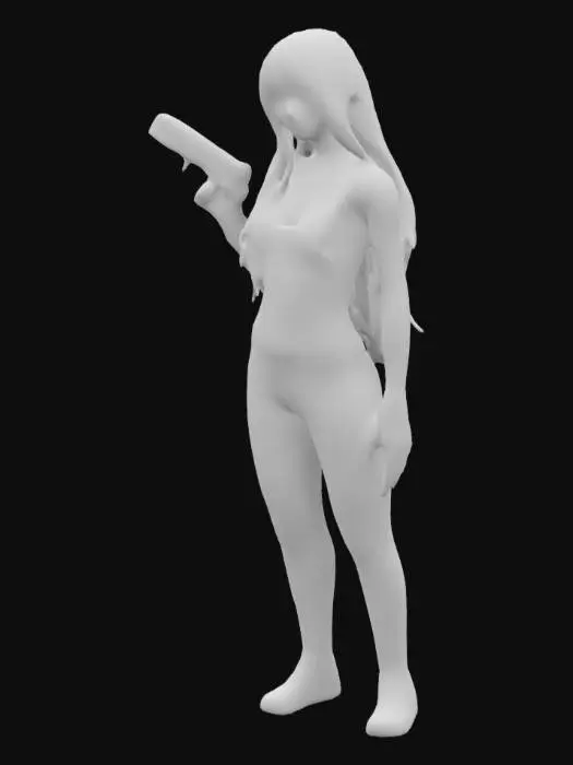 3D model for A 3D model of a tall and thin Japanese female character, around 20 years old, in A pose, holding a cyberpunk pistol. She has long black hair, natural skin tone, and subtle makeup. Dressed in tight black cyberpunk outfit with large breasts and tight black cyberpunk pants in neutral colors, with realistic human anatomy. Includes PBR textures, detailed hair, realistic skin shadows, and soft lighting. Optimized for high-quality 3D printing.