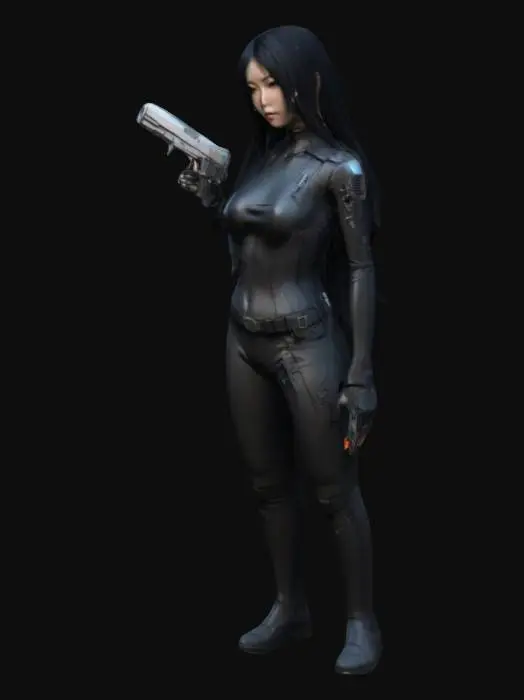 3D model for A 3D model of a tall and thin Japanese female character, around 20 years old, in A pose, holding a cyberpunk pistol. She has long black hair, natural skin tone, and subtle makeup. Dressed in tight black cyberpunk outfit with large breasts and tight black cyberpunk pants in neutral colors, with realistic human anatomy. Includes PBR textures, detailed hair, realistic skin shadows, and soft lighting. Optimized for high-quality 3D printing.