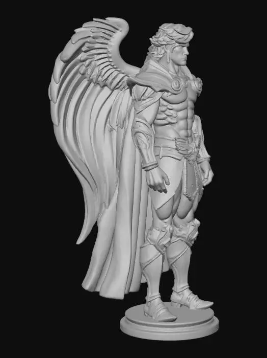 3D model for Saint Seiya Pegasus Gold Saint, humanoid warrior in golden plated armor, no horse, no animal, no mount, muscular male hero, heroic battle pose, helmet with metallic wings, dynamic hair, detailed chest plate with pegasus emblem, thick simplified shapes, clean smooth surfaces for 3d printing, monoblock statue, standing on small base, no background
