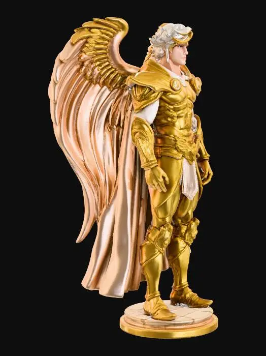 3D model for Saint Seiya Pegasus Gold Saint, humanoid warrior in golden plated armor, no horse, no animal, no mount, muscular male hero, heroic battle pose, helmet with metallic wings, dynamic hair, detailed chest plate with pegasus emblem, thick simplified shapes, clean smooth surfaces for 3d printing, monoblock statue, standing on small base, no background