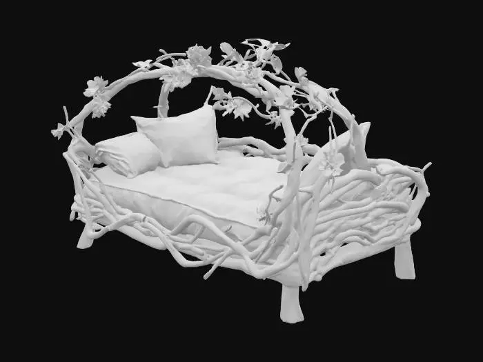 3D model for fantasy outdoor bed made with woven twigs and roots, pale blue cushions, highly detailed bright colored flowers growing up the back and sides