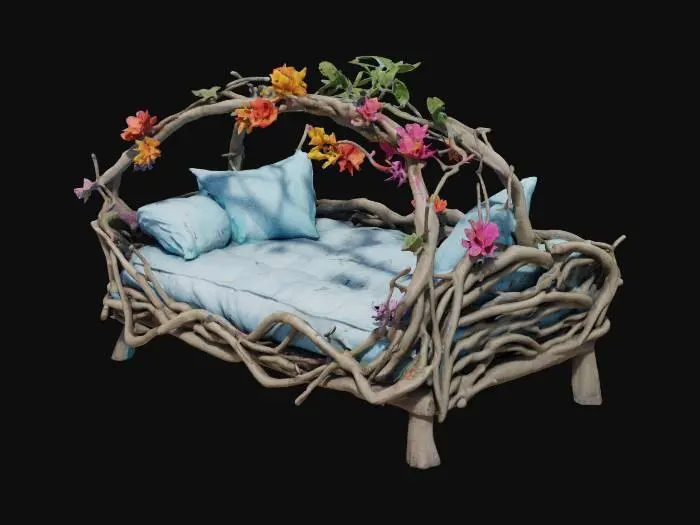 3D model for fantasy outdoor bed made with woven twigs and roots, pale blue cushions, highly detailed bright colored flowers growing up the back and sides