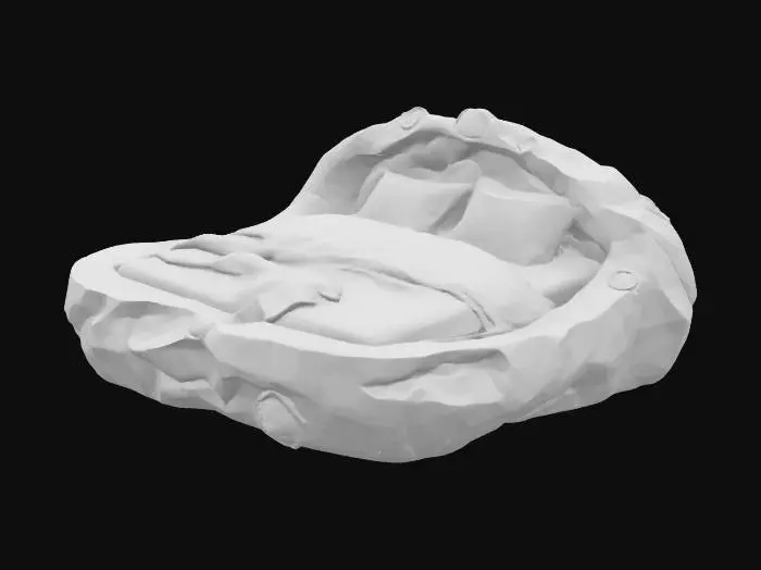 3D model for Create a large oblong fantasy bed sculpted from stone, with raw-cut semiprecious stones (amethyst, quartz, jade) and natural veins of metal (bronze, gold, silver) running through the frame. The plush mattress is richly dressed in layered satin and velvet bedding. Design should feel opulent, arcane, and suited to a fantasy setting. Render in realistic detail. Suggest mesh layers: 1) Stone bed frame, 2) Metal veins, 3) Gemstone accents, 4) Mattress, 5) Bedding (sheets, blankets, pillows).