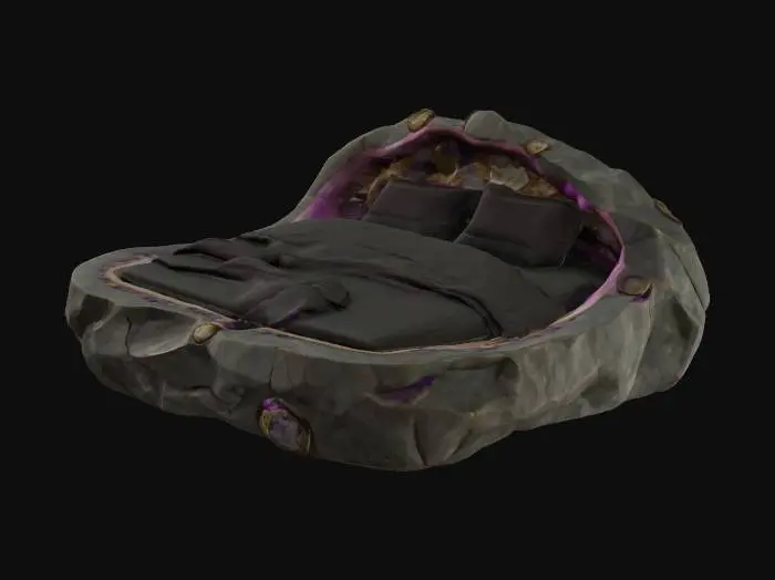 3D model for Create a large oblong fantasy bed sculpted from stone, with raw-cut semiprecious stones (amethyst, quartz, jade) and natural veins of metal (bronze, gold, silver) running through the frame. The plush mattress is richly dressed in layered satin and velvet bedding. Design should feel opulent, arcane, and suited to a fantasy setting. Render in realistic detail. Suggest mesh layers: 1) Stone bed frame, 2) Metal veins, 3) Gemstone accents, 4) Mattress, 5) Bedding (sheets, blankets, pillows).
