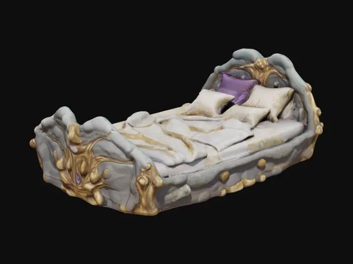 3D model for Create a large oblong fantasy bed sculpted from stone, with raw-cut semiprecious stones (amethyst, quartz, jade) and natural veins of metal (bronze, gold, silver) running through the frame. The plush mattress is richly dressed in layered satin and velvet bedding. Design should feel opulent, arcane, and suited to a fantasy setting. Render in realistic detail. Suggest mesh layers: 1) Stone bed frame, 2) Metal veins, 3) Gemstone accents, 4) Mattress, 5) Bedding (sheets, blankets, pillows).
