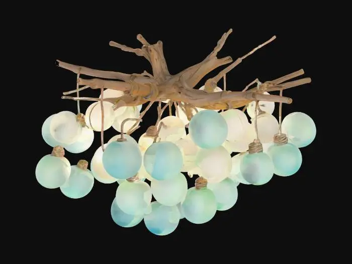 3D model for Create a chandelier made entirely of sea glass fishing floats in varying sizes, suspended from weathered driftwood arms in a spiral or cascading arrangement. Each float is made of translucent, frosted glass in oceanic hues—teal, aqua, deep blue, and seafoam green—bound with fine netting or corroded bronze wire. The floats softly glow from within, casting dappled light and watery reflections like sunlight beneath the sea. Add subtle barnacle clusters and tiny shells as accents. Realistic 3D depth, soft ambient illumination, transparent background. Fantasy oceanic setting., #ocean#