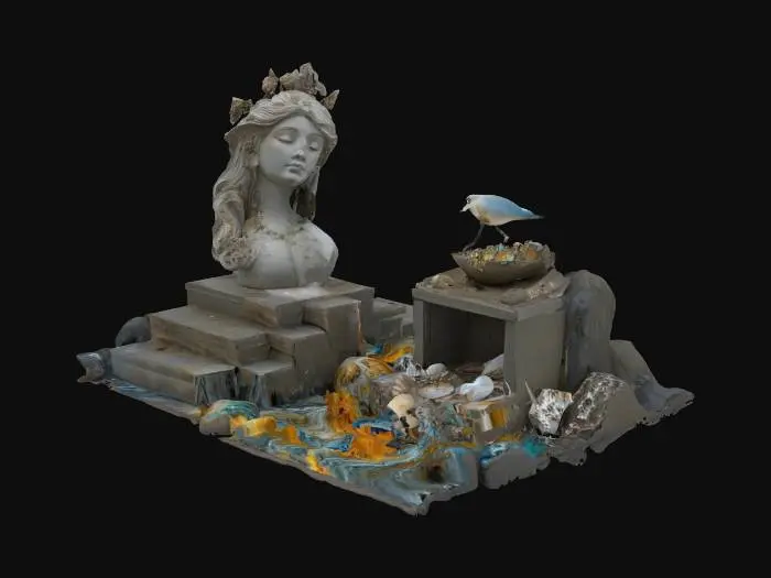 3D model for Create a 3D scene of a forgotten seaside shrine at low tide, partially sunken and overgrown. Weathered stone steps lead into the waves, where offerings—broken shells, salt-bleached driftwood charms, and wilted sea flowers—rest untouched. A toppled statue of a sea goddess lies half-buried in the sand, her face cracked and weeping algae. Tidepools glimmer faintly, holding remnants of devotion: coins, beads, and faded cloth strips tied to seaweed. A single gull perches on the fallen altar. The sea is calm but grey, the sky overcast. Lighting should be soft, diffuse, and sorrowful. Transparent background, realistic depth, mood: grief, remembrance, and beauty in decay., #ocean#