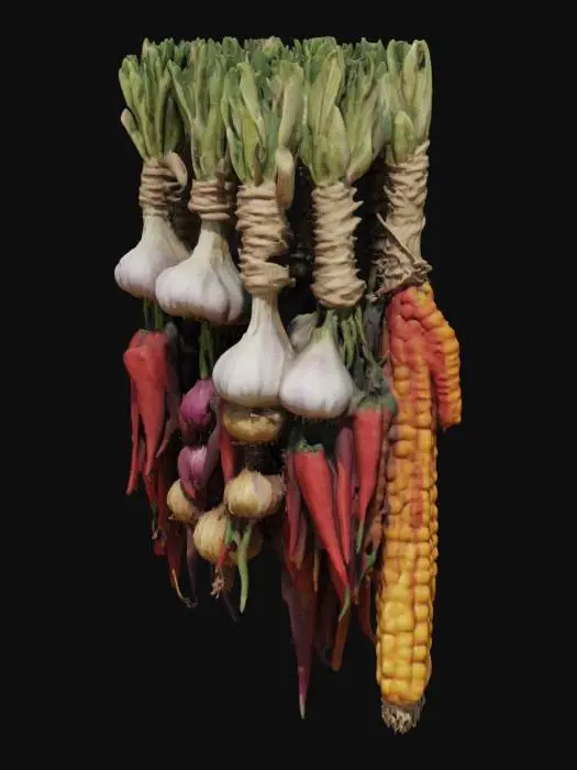 3D model for Create a high-detail 3D model of hanging braids of vegetables, as seen in rustic kitchens or harvest markets. Include braided natural twine or dried stems holding together a mix of vegetables such as garlic bulbs, red onions, chili peppers, and dried corn. The vegetables should appear dried or partially cured, with papery skins, slight imperfections, and rich, natural colors (deep purples, earthy reds, sun-warmed yellows). Arrange the braid vertically, with layers that vary slightly in size and orientation for a natural, handcrafted feel. The lighting should emphasize texture and color depth, with soft shadows that enhance the realistic, homely appearance.