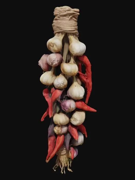 3D model for Create a high-detail 3D model of hanging braids of vegetables, as seen in rustic kitchens or harvest markets. Include braided natural twine or dried stems holding together a mix of vegetables such as garlic bulbs, red onions, chili peppers, and dried corn. The vegetables should appear dried or partially cured, with papery skins, slight imperfections, and rich, natural colors (deep purples, earthy reds, sun-warmed yellows). Arrange the braid vertically, with layers that vary slightly in size and orientation for a natural, handcrafted feel. The lighting should emphasize texture and color depth, with soft shadows that enhance the realistic, homely appearance.