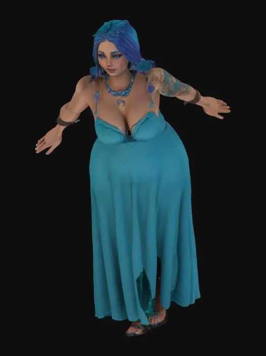 3D model for Full-body 3D model of a voluptuous, curvaceous woman with long oceanic blue hair, braided strands with beads/charms. Deep bronzed, cafe au lait skin with faint aqua-blue tattoos on arms, chest, back. Vivid violet-blue eyes. Wears sleeveless deep teal/ocean blue gown, layered and knotted at waist. Regal sea-spirit theme. Soft, gentle facial features. Pose: neutral A-pose or relaxed T-pose, feet shoulder-width, arms slightly out. Accessories as separate mesh layers: choker with charm, bracelets, upper arm band, earrings, hair ornaments. Style: realistic fantasy, rig-ready.
