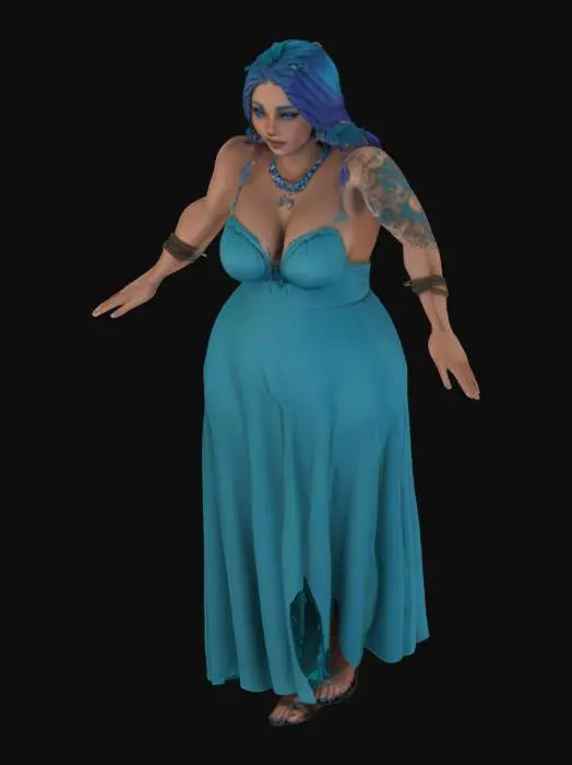 3D model for Full-body 3D model of a voluptuous, curvaceous woman with long oceanic blue hair, braided strands with beads/charms. Deep bronzed, cafe au lait skin with faint aqua-blue tattoos on arms, chest, back. Vivid violet-blue eyes. Wears sleeveless deep teal/ocean blue gown, layered and knotted at waist. Regal sea-spirit theme. Soft, gentle facial features. Pose: neutral A-pose or relaxed T-pose, feet shoulder-width, arms slightly out. Accessories as separate mesh layers: choker with charm, bracelets, upper arm band, earrings, hair ornaments. Style: realistic fantasy, rig-ready.