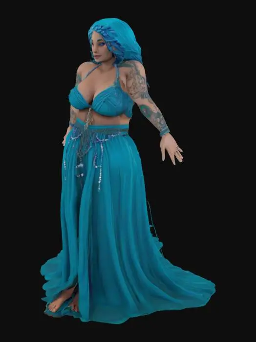 3D model for Full-body 3D model of a voluptuous, curvaceous woman with long oceanic blue hair, braided strands with beads/charms. Deep bronzed, cafe au lait skin with faint aqua-blue tattoos on arms, chest, back. Vivid violet-blue eyes. Wears sleeveless deep teal/ocean blue gown, layered and knotted at waist. Regal sea-spirit theme. Soft, gentle facial features. Pose: neutral A-pose or relaxed T-pose, feet shoulder-width, arms slightly out. Accessories as separate mesh layers: choker with charm, bracelets, upper arm band, earrings, hair ornaments. Style: realistic fantasy, rig-ready.