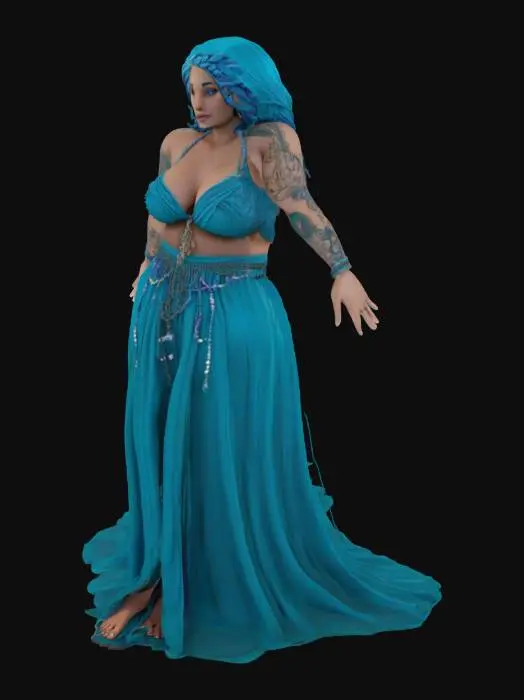 3D model for Full-body 3D model of a voluptuous, curvaceous woman with long oceanic blue hair, braided strands with beads/charms. Deep bronzed, cafe au lait skin with faint aqua-blue tattoos on arms, chest, back. Vivid violet-blue eyes. Wears sleeveless deep teal/ocean blue gown, layered and knotted at waist. Regal sea-spirit theme. Soft, gentle facial features. Pose: neutral A-pose or relaxed T-pose, feet shoulder-width, arms slightly out. Accessories as separate mesh layers: choker with charm, bracelets, upper arm band, earrings, hair ornaments. Style: realistic fantasy, rig-ready.