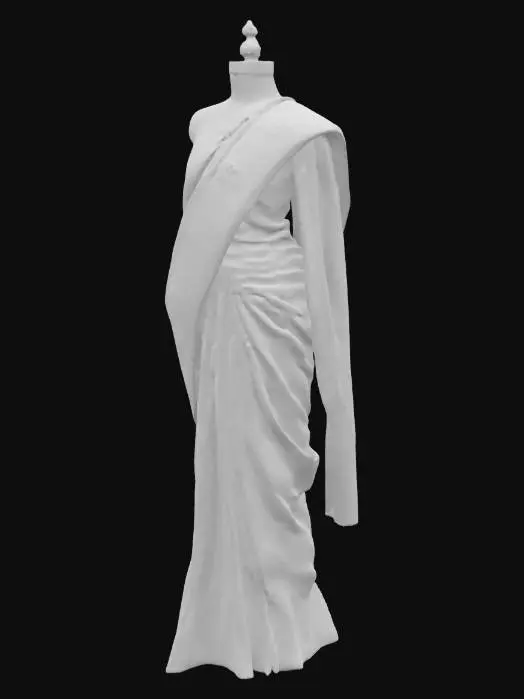 3D model for classic Indian saree draped on a female dress form.

saree is bright turquoise blue with a soft blush-pink border. border and pallu are richly embroidered with detailed pink and rose motifs, green foliage, and gold accents. fabric is fine, soft, and flowing — realistic texture of silk or satin-chiffon. pleats fall naturally at the front. 

The pallu drapes over the shoulder with visible embroidery.  matching embroidery on hem and a soft, scalloped edge. 

dress form is a simple torso and hips form, matte black or neutral color.

Layers:
1: Dress Form (static base layer)

2: Saree Main Fabric (base turquoise silk/satin body)

3: Border Embroidery (pink/rose/gold floral motifs on border + pallu)

4: Pallu Draped Section (upper drape to shoulder)

5: Lower Edge Embroidery / Hem