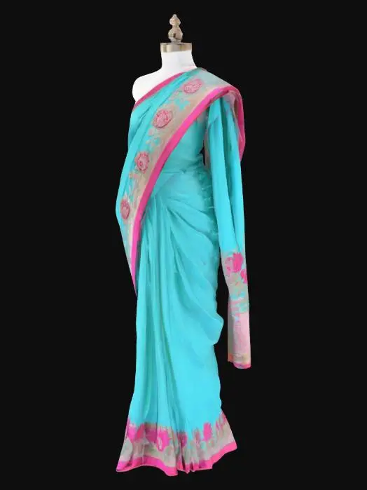 3D model for classic Indian saree draped on a female dress form.

saree is bright turquoise blue with a soft blush-pink border. border and pallu are richly embroidered with detailed pink and rose motifs, green foliage, and gold accents. fabric is fine, soft, and flowing — realistic texture of silk or satin-chiffon. pleats fall naturally at the front. 

The pallu drapes over the shoulder with visible embroidery.  matching embroidery on hem and a soft, scalloped edge. 

dress form is a simple torso and hips form, matte black or neutral color.

Layers:
1: Dress Form (static base layer)

2: Saree Main Fabric (base turquoise silk/satin body)

3: Border Embroidery (pink/rose/gold floral motifs on border + pallu)

4: Pallu Draped Section (upper drape to shoulder)

5: Lower Edge Embroidery / Hem