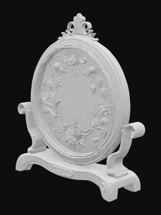 3D model for A high fidelity, artistic tambour embroidery frame crafted in dark polished wood, circular and ornate, with delicate carved accents. The fabric is a fine linen or silk stretched taut in the frame, partly embroidered with an intricate botanical motif of fantasy plants—twisting vines, luminous leaves, and arcane blossoms. Half-finished embroidery with the working needle still looped through thread. Richly detailed threads in shades of deep greens, golds, silvers, and muted jewel tones. Subtle hints of magic woven into the design. Fantasy setting.
