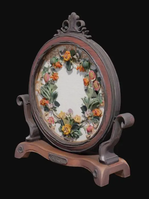 3D model for A high fidelity, artistic tambour embroidery frame crafted in dark polished wood, circular and ornate, with delicate carved accents. The fabric is a fine linen or silk stretched taut in the frame, partly embroidered with an intricate botanical motif of fantasy plants—twisting vines, luminous leaves, and arcane blossoms. Half-finished embroidery with the working needle still looped through thread. Richly detailed threads in shades of deep greens, golds, silvers, and muted jewel tones. Subtle hints of magic woven into the design. Fantasy setting.