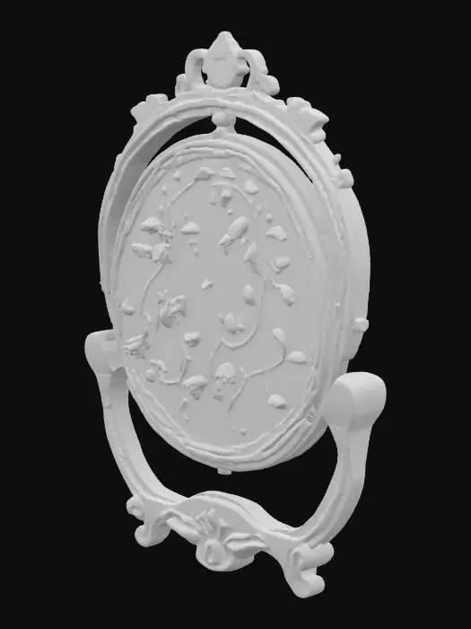 3D model for A high fidelity, artistic tambour embroidery frame crafted in dark polished wood, circular and ornate, with delicate carved accents. The fabric is a fine linen or silk stretched taut in the frame, partly embroidered with an intricate botanical motif of fantasy plants—twisting vines, luminous leaves, and arcane blossoms. Half-finished embroidery with the working needle still looped through thread. Richly detailed threads in shades of deep greens, golds, silvers, and muted jewel tones. Subtle hints of magic woven into the design. Fantasy setting.