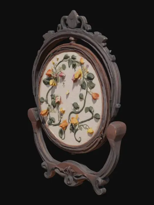 3D model for A high fidelity, artistic tambour embroidery frame crafted in dark polished wood, circular and ornate, with delicate carved accents. The fabric is a fine linen or silk stretched taut in the frame, partly embroidered with an intricate botanical motif of fantasy plants—twisting vines, luminous leaves, and arcane blossoms. Half-finished embroidery with the working needle still looped through thread. Richly detailed threads in shades of deep greens, golds, silvers, and muted jewel tones. Subtle hints of magic woven into the design. Fantasy setting.