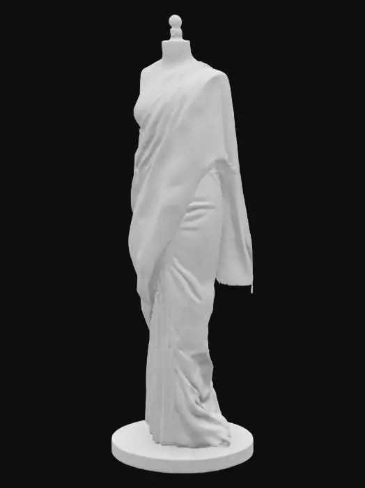 3D model for Create a photorealistic 3D model of a dress form draped in an ocean-themed saree. The saree should flow with elegant, natural folds and be inspired by the colors and textures of the sea—deep blues, turquoise, seafoam green, and shimmering pearl or silver threads. Incorporate subtle motifs of waves, coral, sea turtles, and jellyfish along the border and pallu. The fabric should appear light, semi-translucent, and luminous, like silk or chiffon with a soft oceanic sheen. The blouse on the form should be minimal, sleeveless, and coordinated in color. The dress form should stand on a simple pedestal with neutral lighting to highlight the saree's details., #ocean#