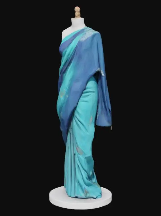 3D model for Create a photorealistic 3D model of a dress form draped in an ocean-themed saree. The saree should flow with elegant, natural folds and be inspired by the colors and textures of the sea—deep blues, turquoise, seafoam green, and shimmering pearl or silver threads. Incorporate subtle motifs of waves, coral, sea turtles, and jellyfish along the border and pallu. The fabric should appear light, semi-translucent, and luminous, like silk or chiffon with a soft oceanic sheen. The blouse on the form should be minimal, sleeveless, and coordinated in color. The dress form should stand on a simple pedestal with neutral lighting to highlight the saree's details., #ocean#